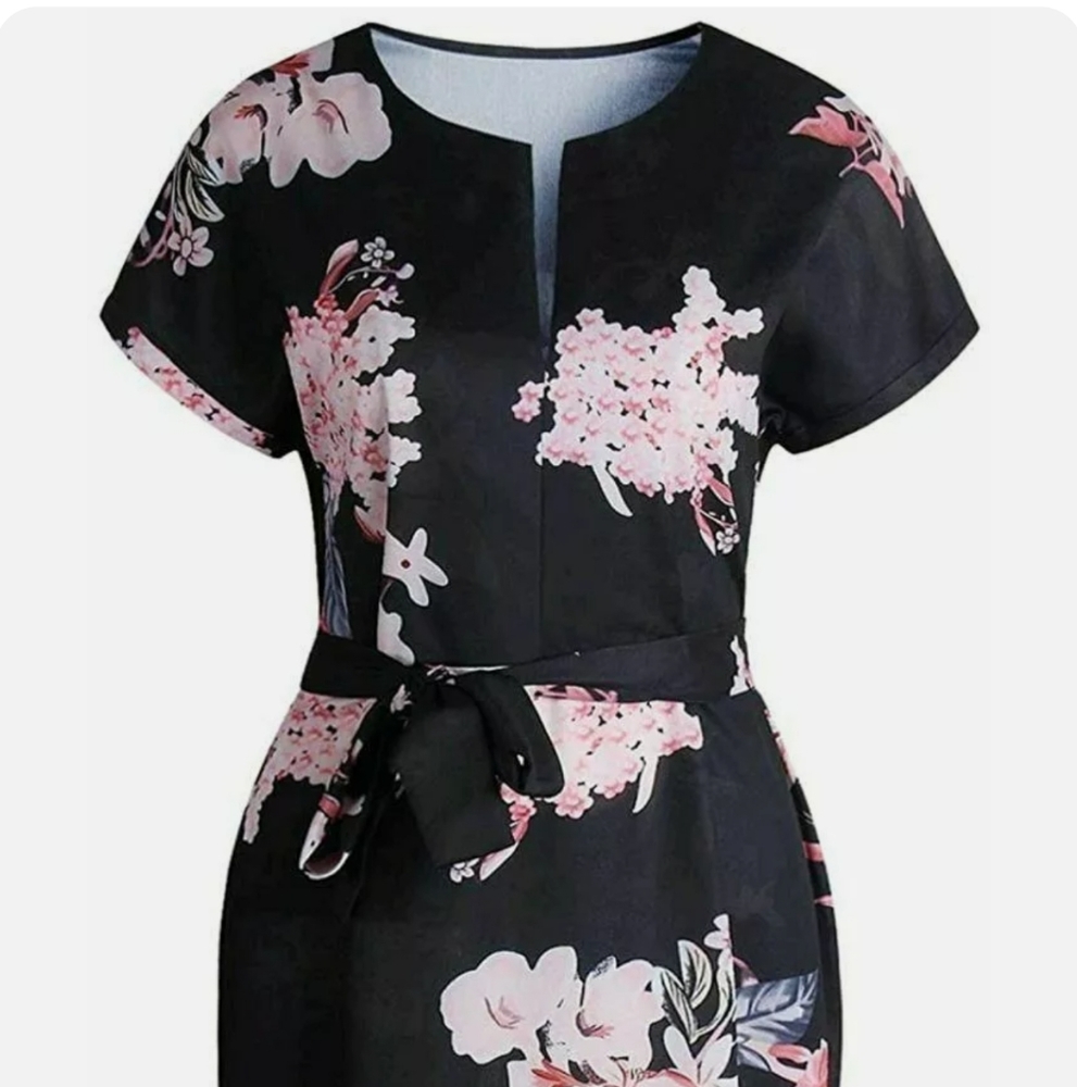 Black Floral Summer Dress with Belt - Picture 6 of 7